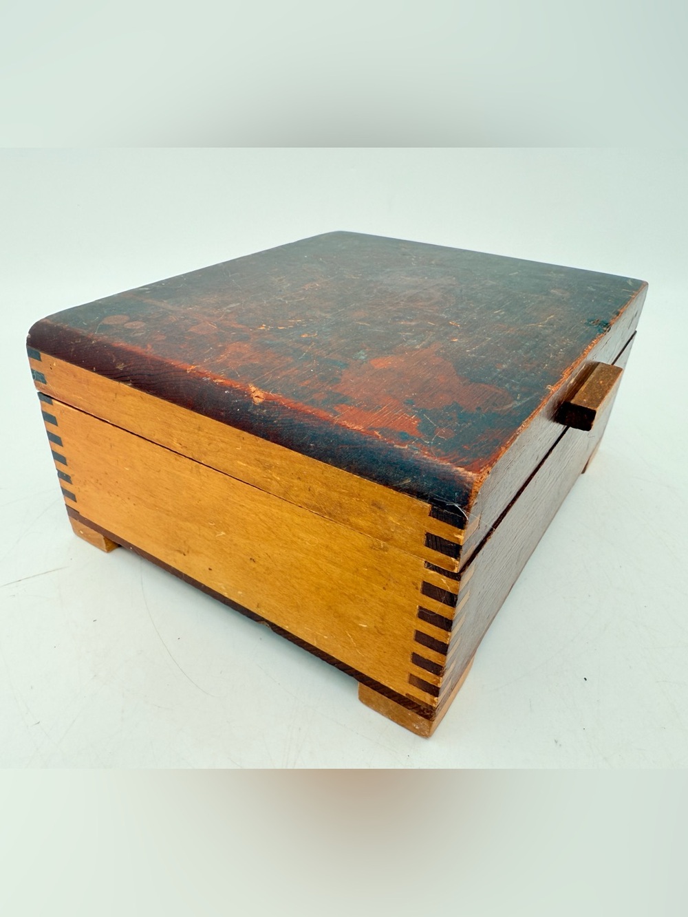 Vintage Wood Storage Box with Distressed Dark Top and Natural Sides